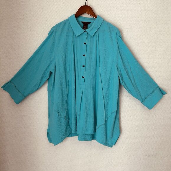 Ali Miles Blouse Women 3X Turquoise Texturd Lagenlook Comfy Classic Asymmetrical - Picture 13 of 14